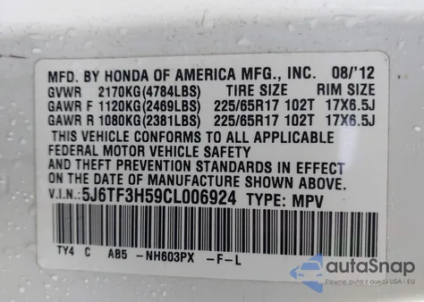 2012 Honda Crosstour 2.4 Ex-L from USA, damaged, VIN 5J6TF3H59CL006924